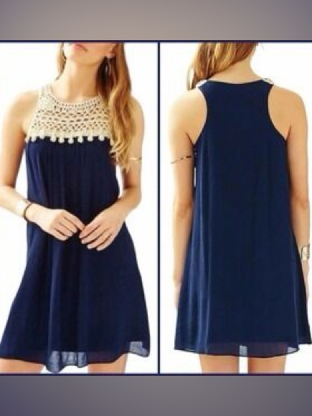 Lilly Pulitzer Navy Rachelle Dress with Gold Cream Crochet Yoke